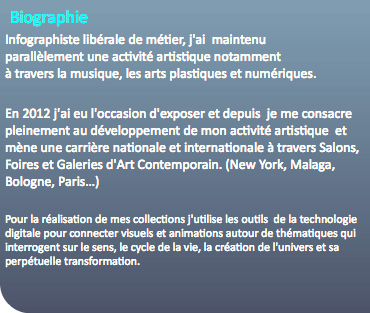 Biographie Infographiste libérale de métier, j'ai maintenu  parallèlement une activité artistique notamment  à travers la musique, les arts plastiques et numériques. En 2012 j'ai eu l'occasion d'exposer et depuis je me consacre pleinement au développement de mon activité artistique et mène une carrière nationale et internationale à travers Salons, Foires et Galeries d'Art Contemporain. (New York, Malaga, Bologne, Paris…) Pour la réalisation de mes collections j'utilise les outils de la technologie digitale pour connecter visuels et animations autour de thématiques qui interrogent sur le sens, le cycle de la vie, la création de l'univers et sa perpétuelle transformation.