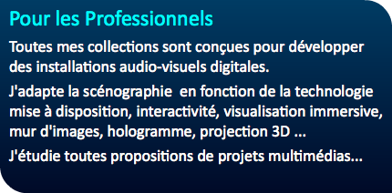 Pour les Professionnels Toutes mes collections sont conçues pour développer des installations audio-visuels digitales. J'adapte la scénographie en fonction de la technologie mise à disposition, interactivité, visualisation immersive, mur d'images, hologramme, projection 3D ... J'étudie toutes propositions de projets multimédias...