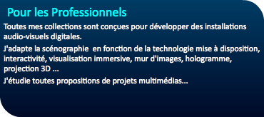 Pour les Professionnels Toutes mes collections sont conçues pour développer des installations audio-visuels digitales. J'adapte la scénographie en fonction de la technologie mise à disposition, interactivité, visualisation immersive, mur d'images, hologramme, projection 3D ... J'étudie toutes propositions de projets multimédias...